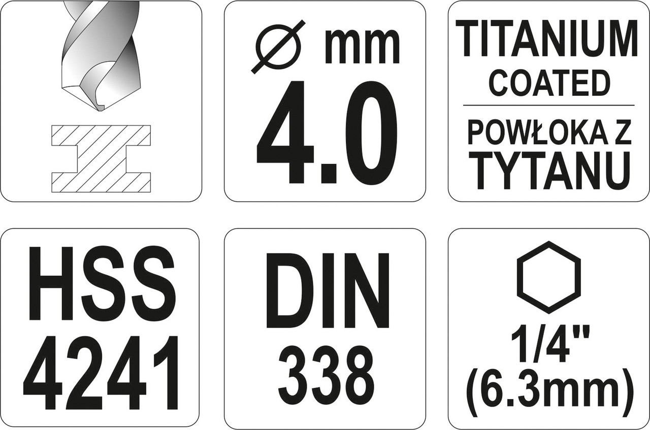 Сверло по металлу HSS-TiN 4,0мм с хвостовиком HEX (1 шт.) YT-44757 - фото 4 - id-p85282574
