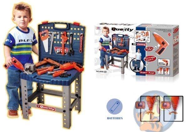 Игровой набор инструментов 008-22 чемодан -стол с верстаком, шуруповертом, дрель, детская мастерская, фото 1