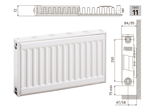 Радиатор стальной Прадо Классик Radiator Prado Classic - боковое подключение тип 11 300х1900, фото 2