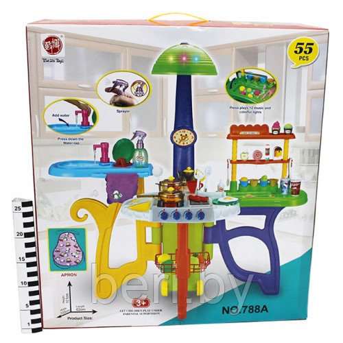 Детская игровая кухня 788A с настоящей водой, 3 в 1, свет, звук, 55 предметов, высота 101 см, фото 1