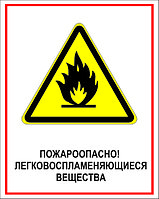 Знак на пластике "Пожароопасно! легковоспламеняющиеся вещества" размер 200*250 мм