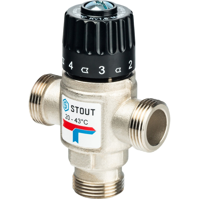 STOUT Термостатический смесительный клапан для систем отопления и ГВС G3/4" НР 20-43°С KV 1,6