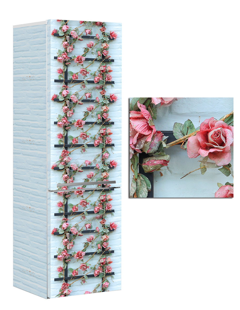 Наклейка на холодильник с плетистыми розовыми розами на фоне бирюзовой кирпичной стены.