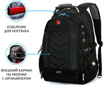 Рюкзак Swissgear с usb выходом, ортопедическая спинка, черный - фото 1 - id-p65928209