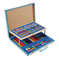 Набор для рисования 106 предметов в голубой деревянной коробке складной с ручкой, фото 1
