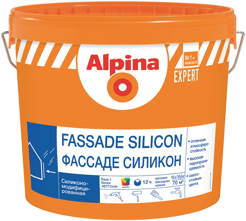 Краска ВД-АК Alpina Expert Fassade Silicon База 1, силикон-модифицированная, 10 л.