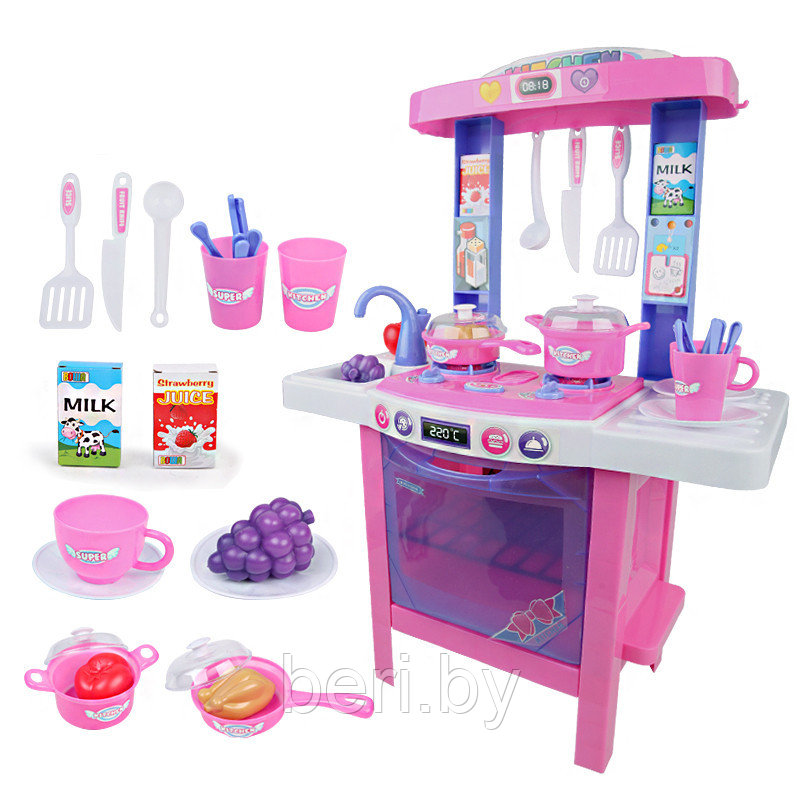 Детская игровая кухня 8000, 34 предмета, свет, звук, посуда, столовые приборы, высота 69 см, розовая