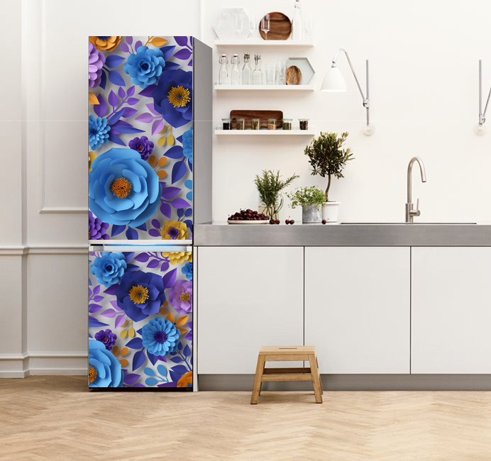 Наклейка на холодильник с 3D цветами синего и лилового цвета