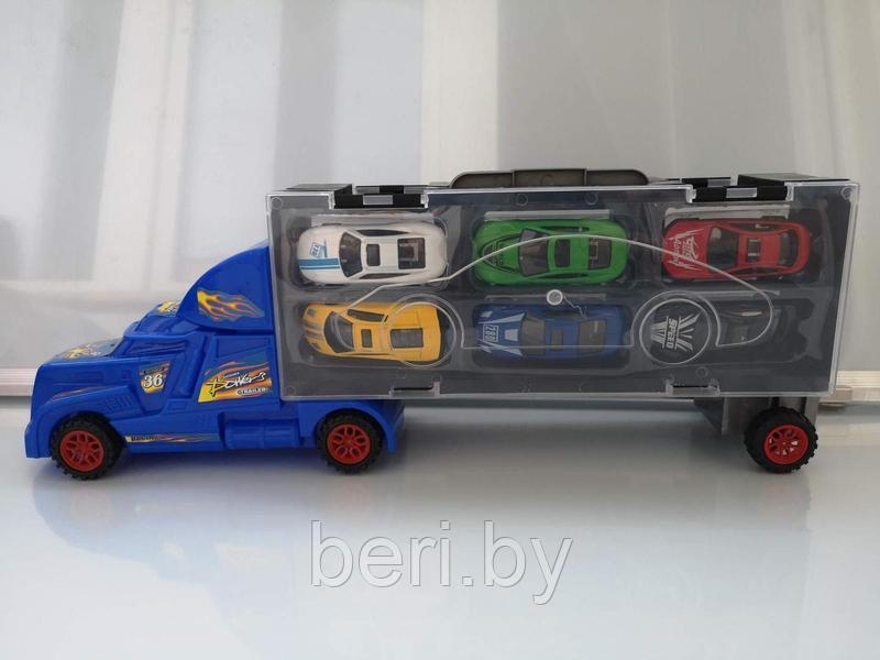 Фура, автовоз, трейлер Hot Wheels SC92-3, грузовик с инерционными машинками 6 шт, игровой набор, Хот Вилс - фото 7 - id-p87391340