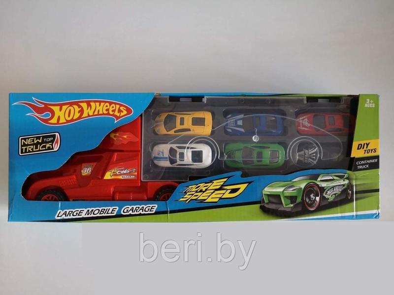 Фура, автовоз, трейлер Hot Wheels SC92-3, грузовик с инерционными машинками 6 шт, игровой набор, Хот Вилс