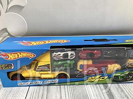 Фура, автовоз, трейлер Hot Wheels SC65, грузовик с машинками 6 шт, дорожные знаки, игровой набор, Хот Вилс