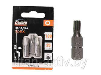 Насадка TORX T30 25мм  3шт GEPARD (GP3513-25) (бита звездочка шестилучевая звезда сталь S2  магнитна