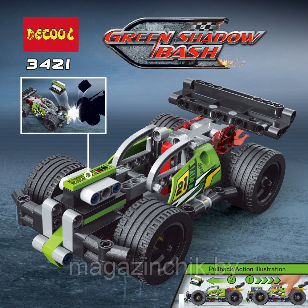 Зеленый гоночный автомобиль с инерц. механизмом Decool 3421, аналог Лего Техник LEGO Technic 42072 - фото 2 - id-p87827907