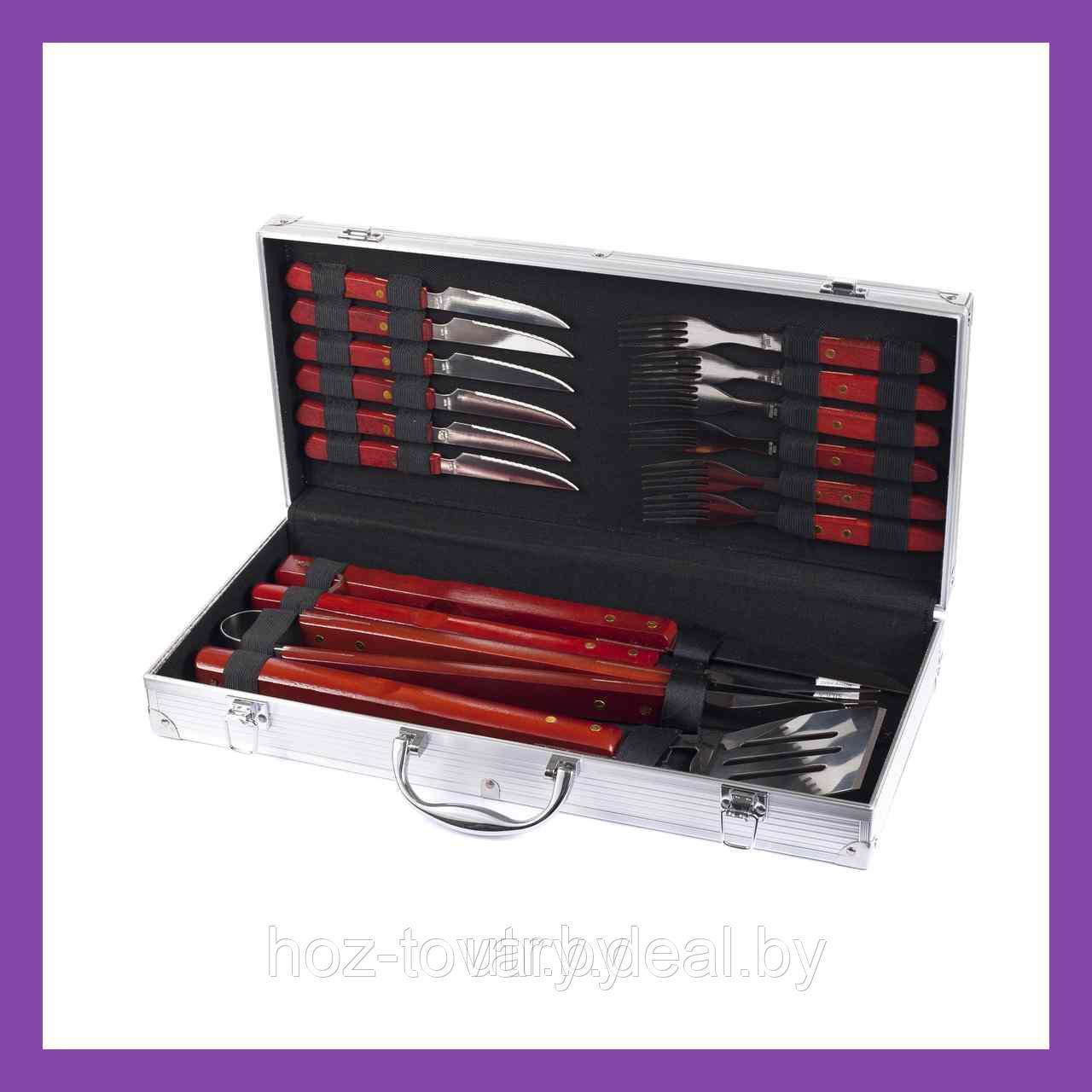 Набор аксессуаров для приготовления мяса металлических с деревянными ручками в чемодане 16 пр. 455358 - фото 2 - id-p87828137