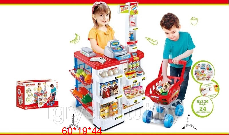 Игровой набор Детский супермаркет (магазин) с тележкой, аксессуарами, сканером на батарейках со свет - фото 2 - id-p88710631