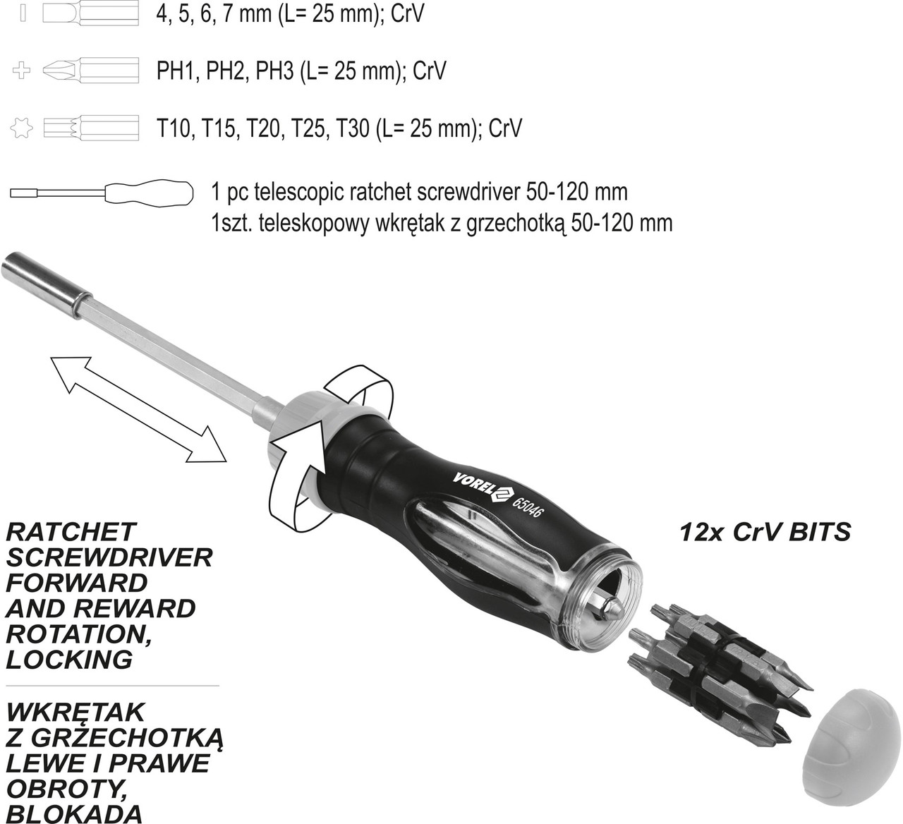 Отвёртка реверсивная+биты 13 шт. "Vorel" 65046 - фото 7 - id-p88774956