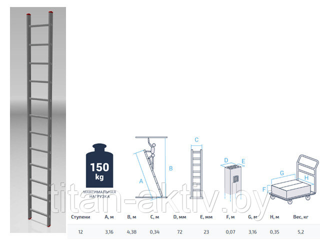 Лестница алюм. односекц. 316см 12 ступ., 5,2кг PRO STARTUL (ST9945-12)