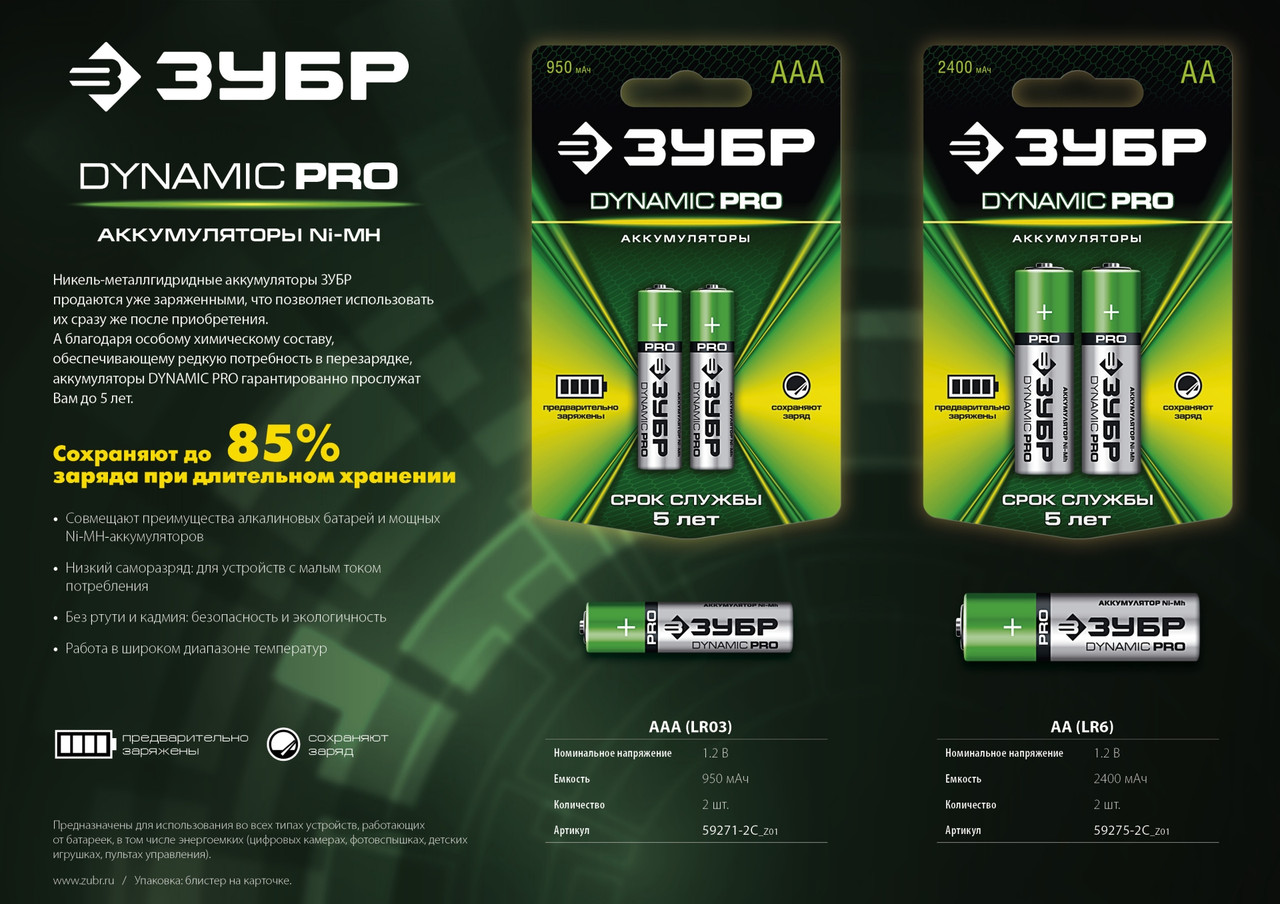 Аккумуляторы Зубр "DYNAMIC PRO" никель-металлгидридные (NiMH), ААА, 950 мА/ч (2 штуки) - фото 3 - id-p88861125