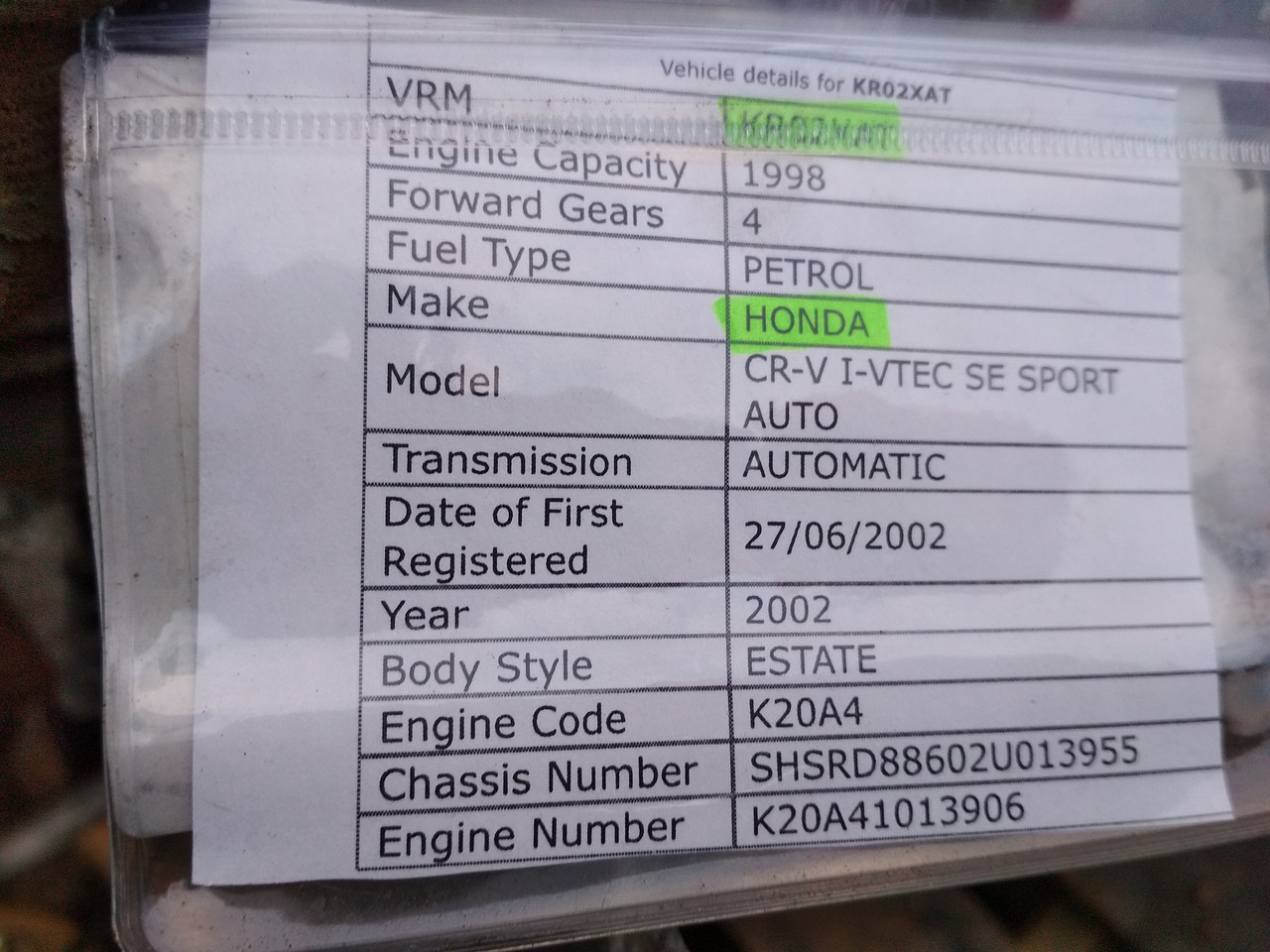 Двигатель Honda CR-V 2.0 бензин 2002 г (K20A4) - фото 5 - id-p89212542