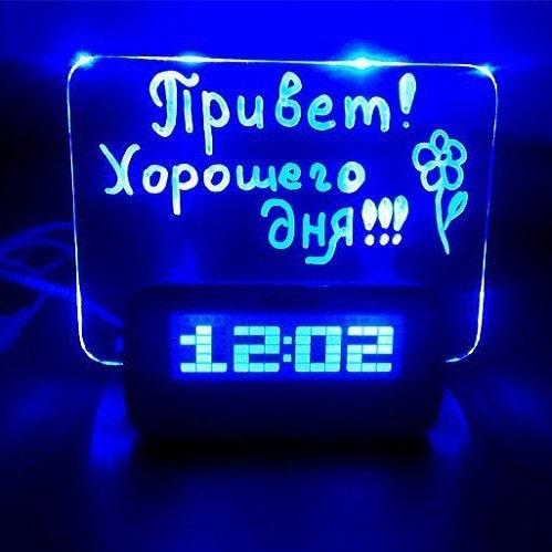 Светящийся Led будильник с доской для записи синий - фото 1 - id-p89251362