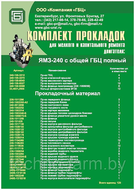 Для двигателя ЯМЗ-240 Р/к прокладок для ремонта двигателя ЯМЗ-240 раздельная головка (141 единица) полный