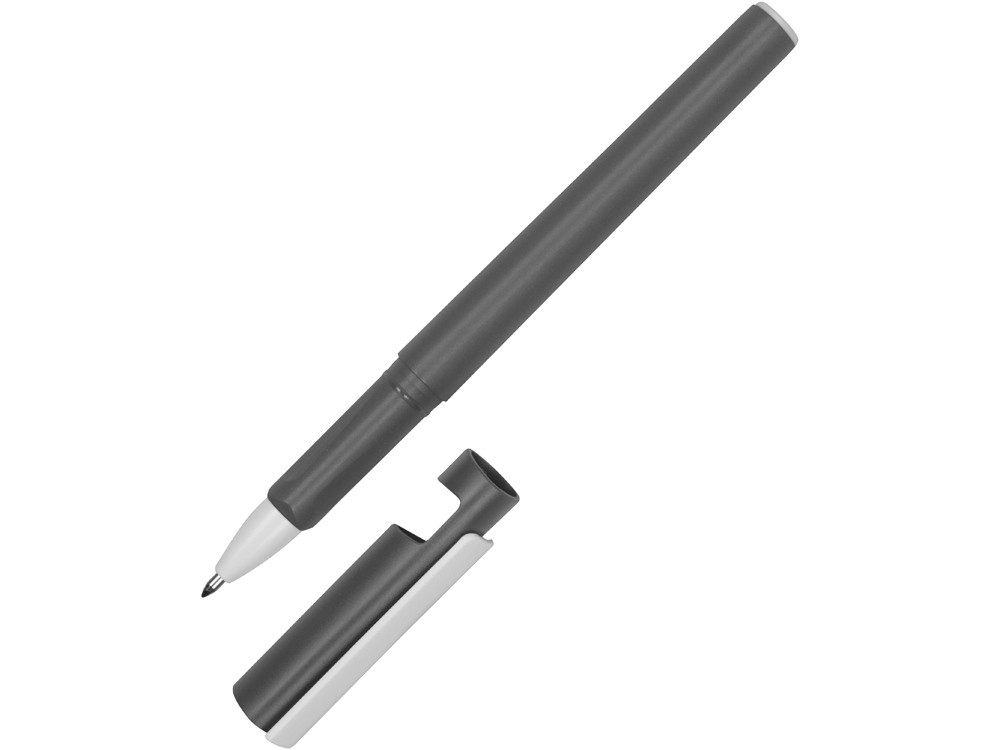 Ручка пластиковая шариковая трехгранная Nook с подставкой для телефона в колпачке, серый/белый - фото 5 - id-p89974232