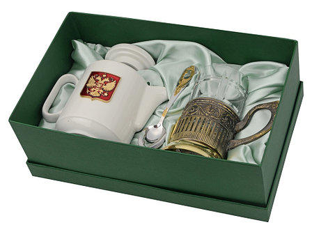 Чайный набор с подстаканником и фарфоровым чайником ЭГОИСТ-Л, золотистый/белый, фото 2