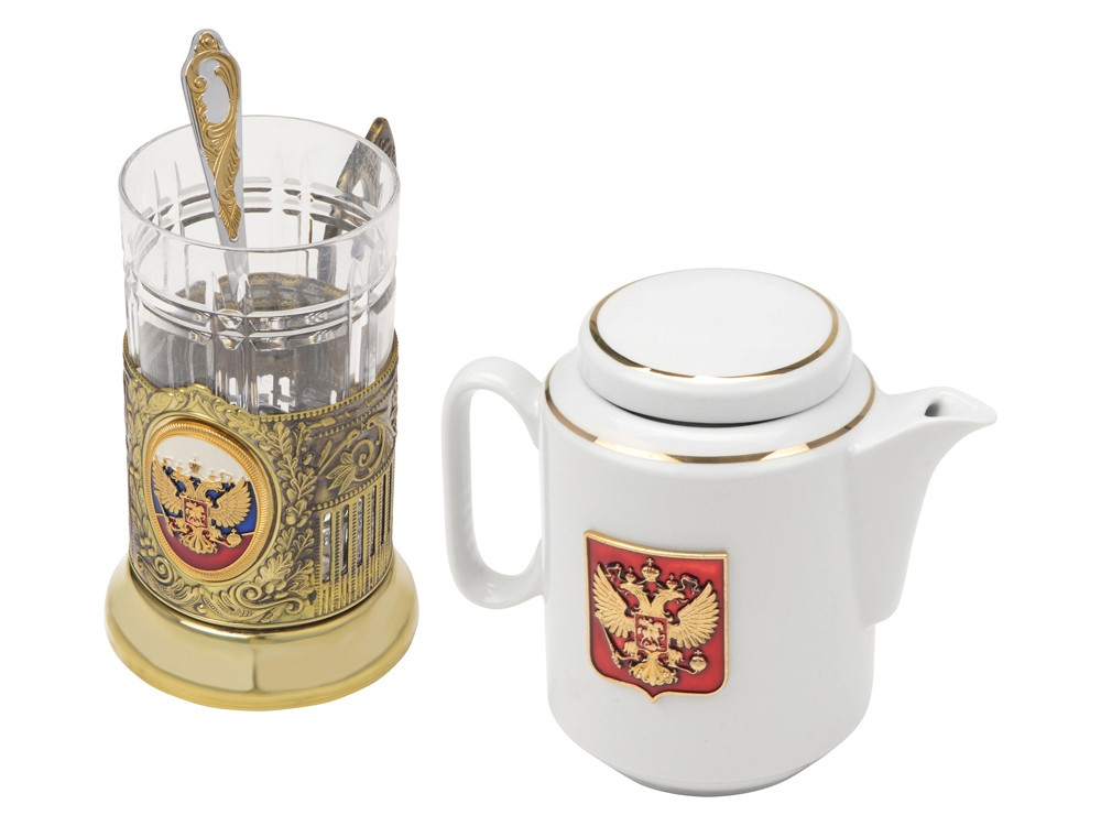 Чайный набор с подстаканником и фарфоровым чайником ЭГОИСТ-Л, золотистый/белый - фото 2 - id-p89974608