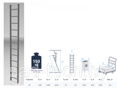 Лестница алюм. односекц. 316см 12 ступ., 5,2кг PRO STARTUL (ST9945-12), фото 2