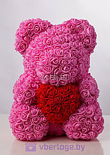 Розовый медведь с сердцем из цветов роз 40 см Standart