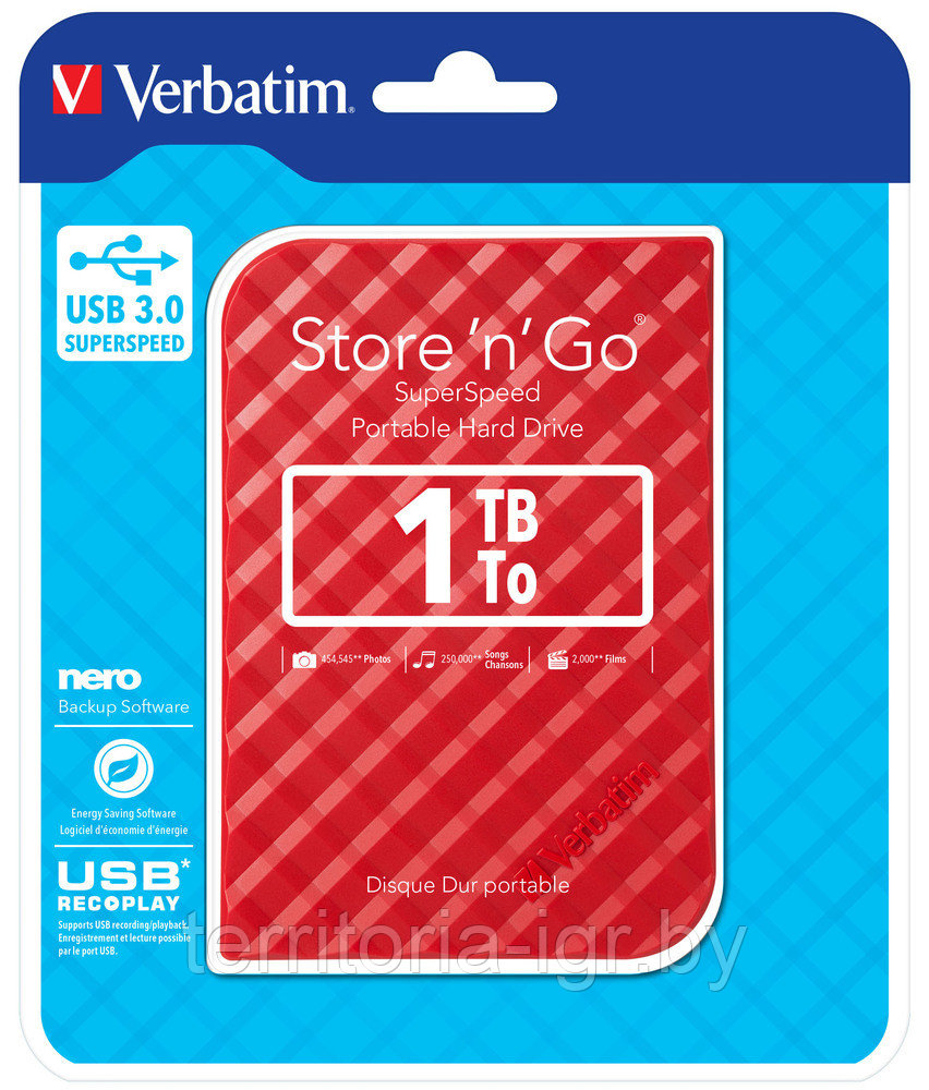 Внешний жесткий диск Store 'n' Go USB 3.0, 1 Тб красный Verbatim - фото 1 - id-p90402581