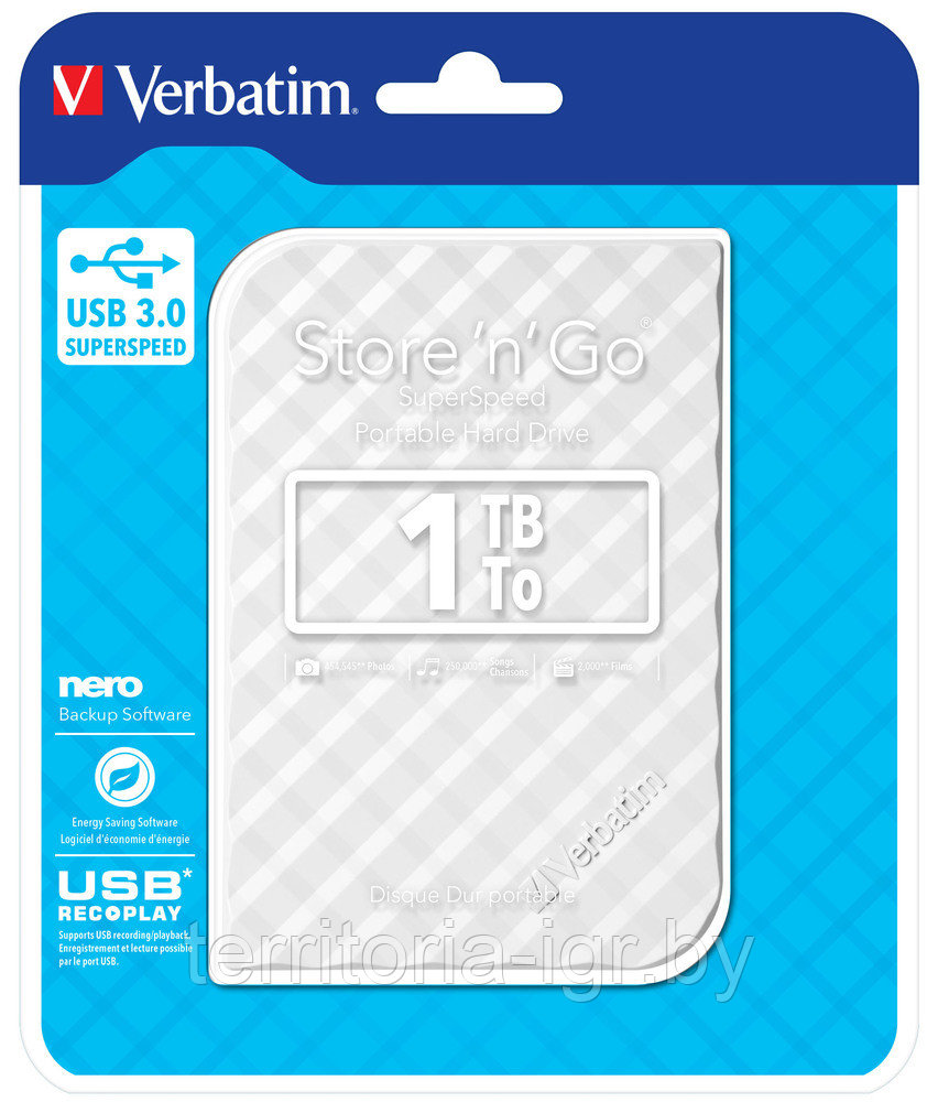 Внешний жесткий диск Store 'n' Go USB 3.0, 1 Тб белый Verbatim - фото 1 - id-p90402645