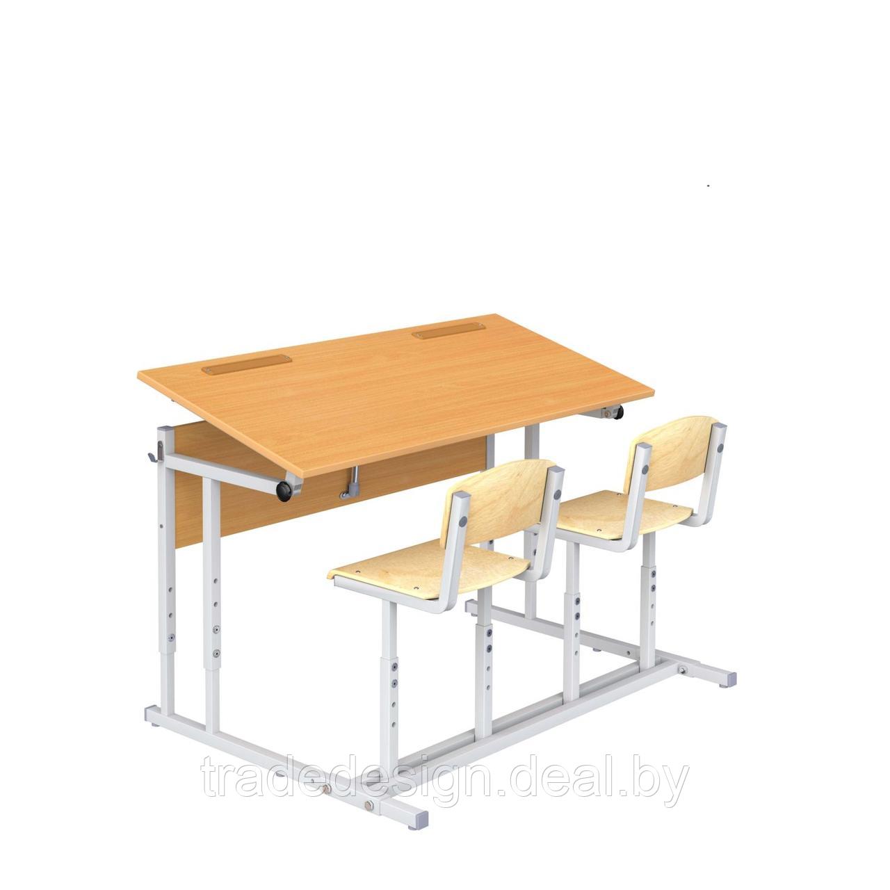Парта ученическая со стульями с наклоном столешницы (0-35°) двухместная - фото 1 - id-p90967597