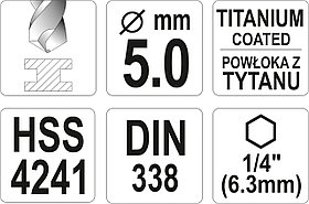 Сверло по металлу HSS-TiN 5,0мм с хвостовиком HEX ( 1 шт.) "Yato"YT-44761, фото 3
