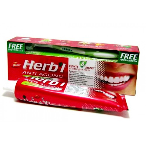 Зубная паста Антивозрастная, красная с перцем (Dabur Herb'l Anti Ageing), 150г – с зубной щеткой