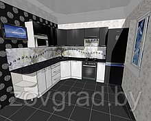 Угловая черно белая модульная кухня с фасадами из пластика