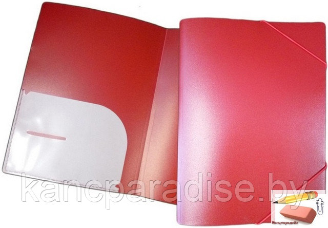 Папка на резинках А4, пластик, 0,6 мкр., без борта, с карманом, красная