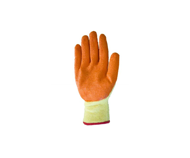 Перчатки желтые х/б 2-й вязки с оранжевым вспененным покрытием на ладони, 10 кл.вязки р-р 10 - фото 1 - id-p90033185