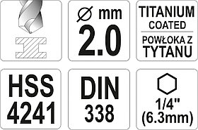 Сверло по металлу HSS-TIN 2,0 мм с хвостовиком HEX ( 1 шт.) "Yato"YT-44751, фото 3