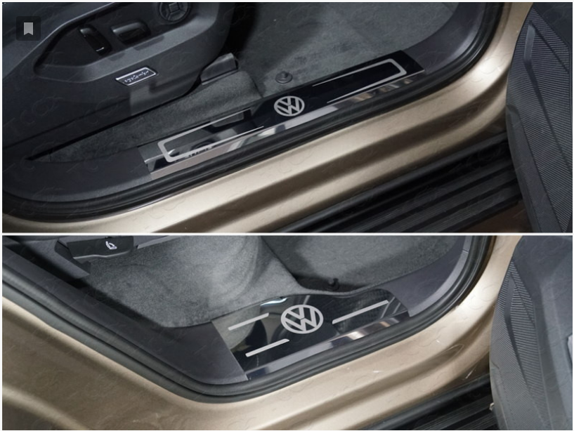 Накладки на пластиковые пороги (лист зеркальный логотип VW) 4шт Touareg III "18- - фото 1 - id-p91778095