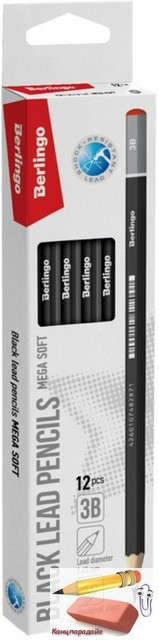 Карандаш чернографитный Berlingo Mega soft, 3B, заточенный, без ластика, арт.BP01055