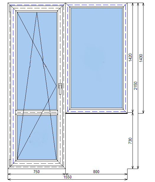 Балконный блок Дверь 750x2150, окно 800x1430 мм Brusbox 70 мм