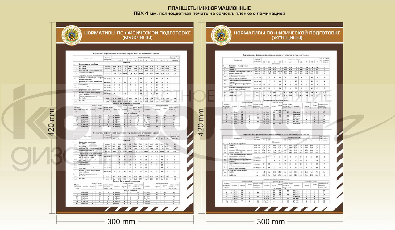 Планшет информационный  "Нормативы по физической подготовке для женщин и мужчин"