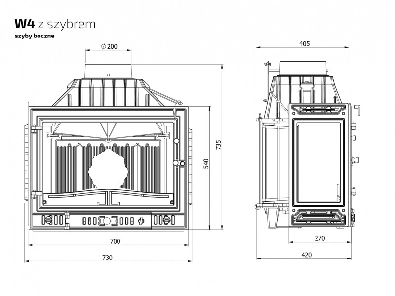 Каминная топка Kawmet W4PB с дополнительным левым стеклом с шибером - фото 3 - id-p92007073