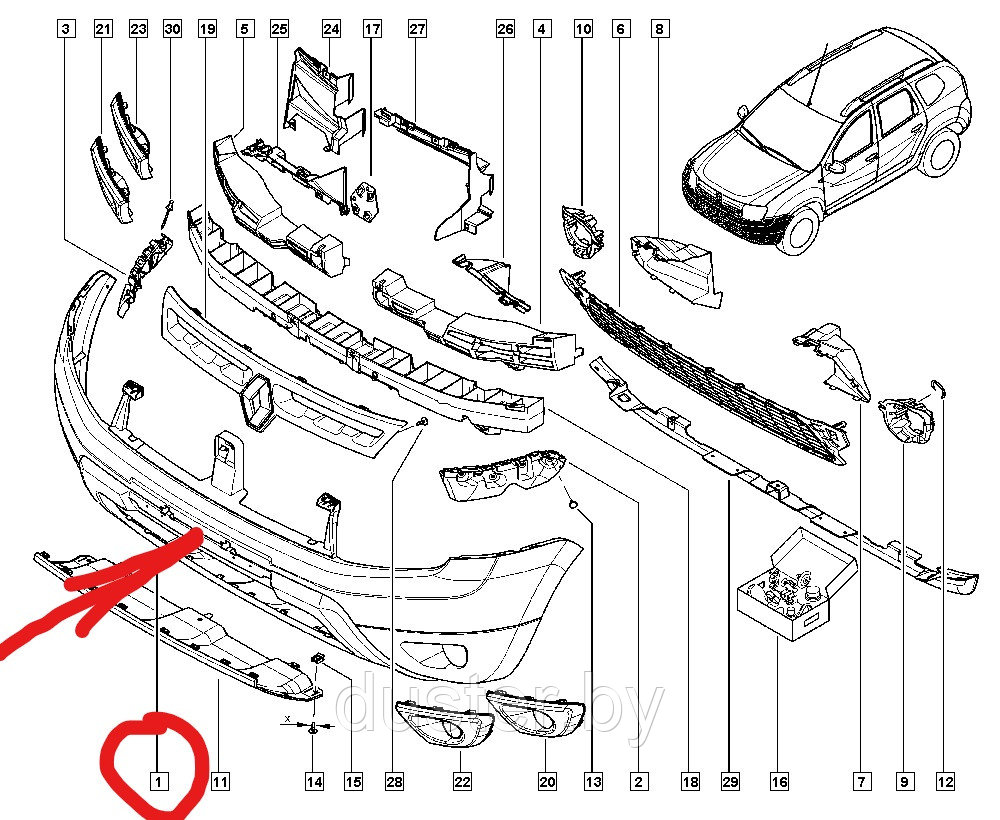 Бампер передний c ПТФ Renault Duster 10-15 RENAULT(Франция) ОРИГИНАЛ - фото 2 - id-p92204258