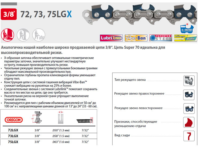 Цепь 38 см 15" 3/8" 1.5 мм 56 зв. 73LGX OREGON (Более не производится. Замена 73EXL056E   затачиваются напильником 5.5 мм, для проф. интенсивного ис)