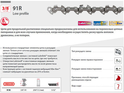 Цепь 3/8" LP 1.3 мм 1640 зв. 91R (бухта 30.4 м) OREGON (для продольного пиления)