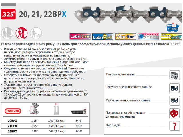 Цепь 37 см 15" 0.325" 1.6 мм 62 зв. 22BP (в блистере) OREGON - фото 1 - id-p92531435