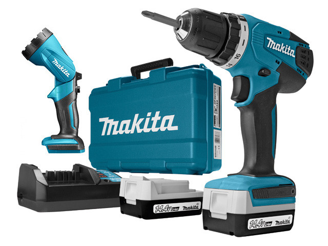 Аккум. дрель-шуруповерт MAKITA DF 347 DWLE в чем. + фонарь (14.4 В, 2 акк., 1.5 А/ч Li-Ion, 2 скор., 30 Нм, - фото 1 - id-p92673897