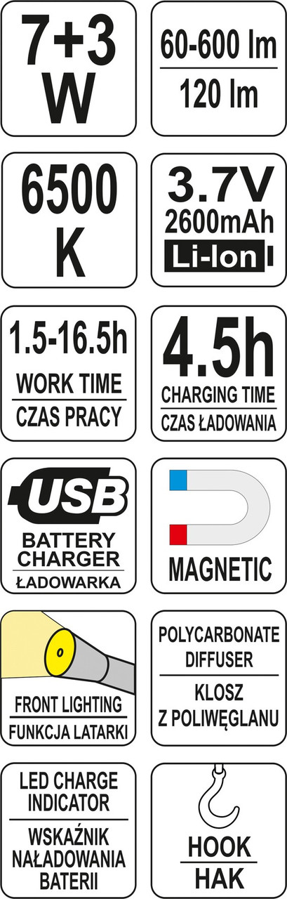 Фонарь светодиодный (7+3W, 60-600lm, 3.7V, 2600mAh, IP54) "Yato"YT-08519 - фото 4 - id-p92872301